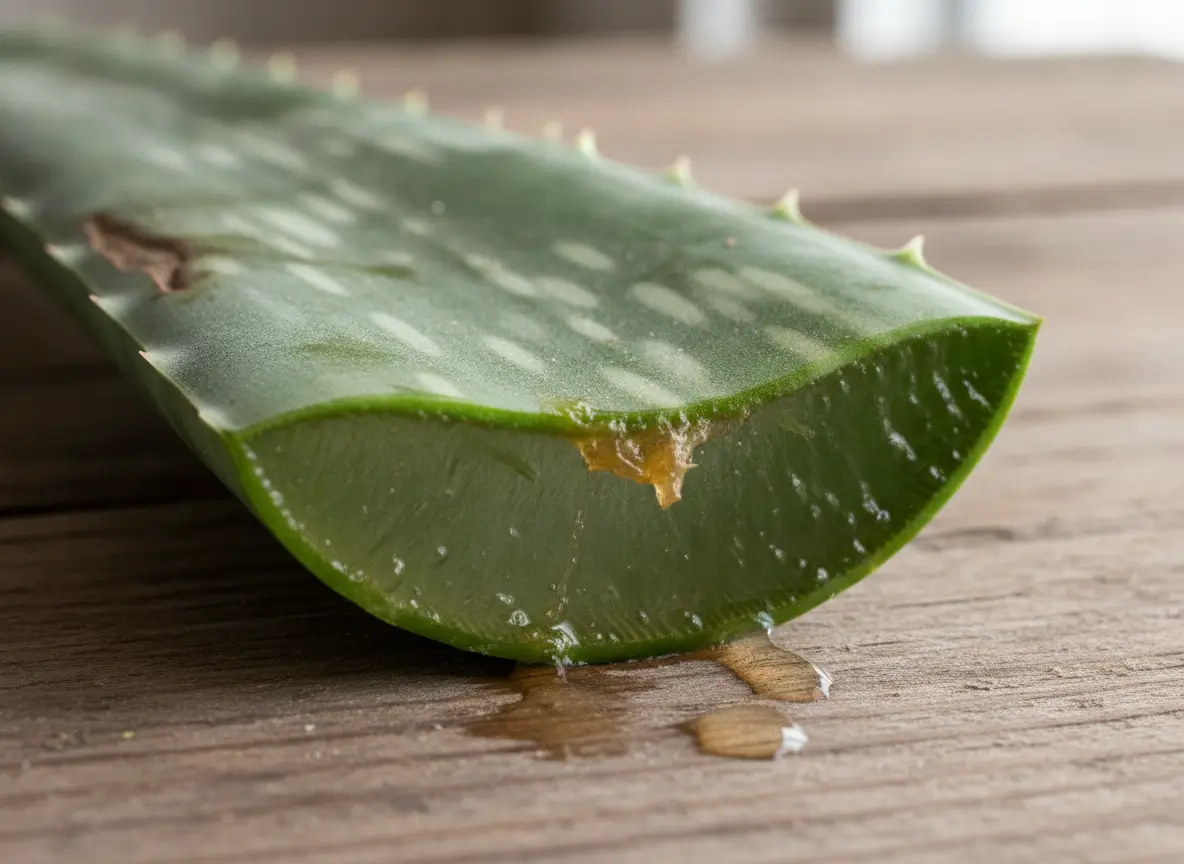 Aloe Vera - Prirodni lijek za različite zdravstvene izazove 3 Presjek lista aloe vere — žuti lateks curi ispod kožice, prozirni gel u sredini