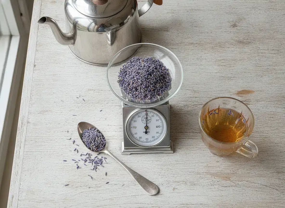 Lavanda: ljekovita svojstva, čaj od lavande i eterično ulje — koliko se uzima i ko ne smije 2 Suhi cvijet lavande na kuhinjskoj vagi, kašika s cvijetom i šoljica čaja od lavande