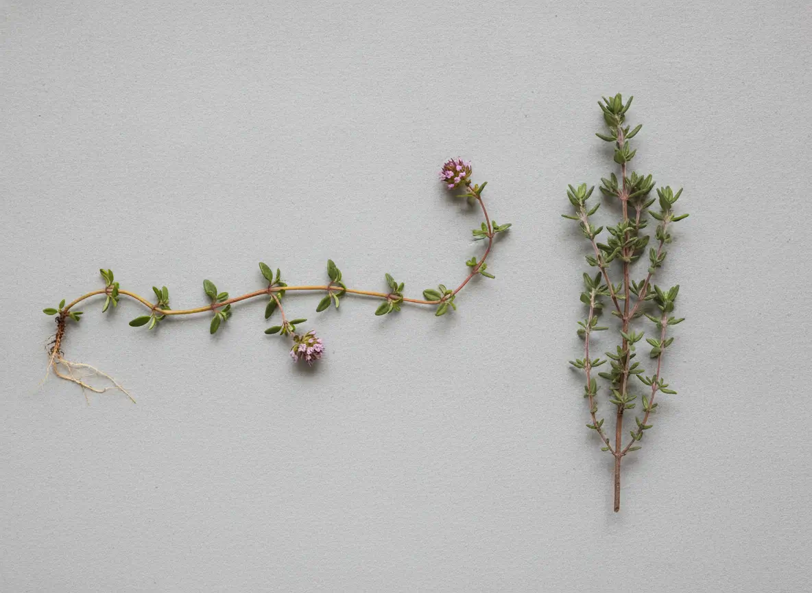 Majčina dušica: za šta je dobra, kako se sprema čaj i na šta paziti 2 Položena puzava vriježa majčine dušice i uspravna odrvenjela grančica timijana