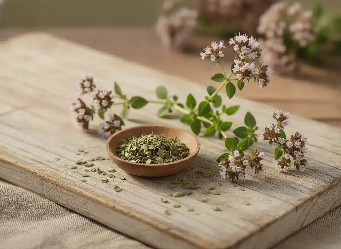 Origano: za šta je dobar, kako se pravi čaj i šta je ulje divljeg origana 5 Osušeni list origana u zdjelici i svježe grančice origana na drvenoj dasci
