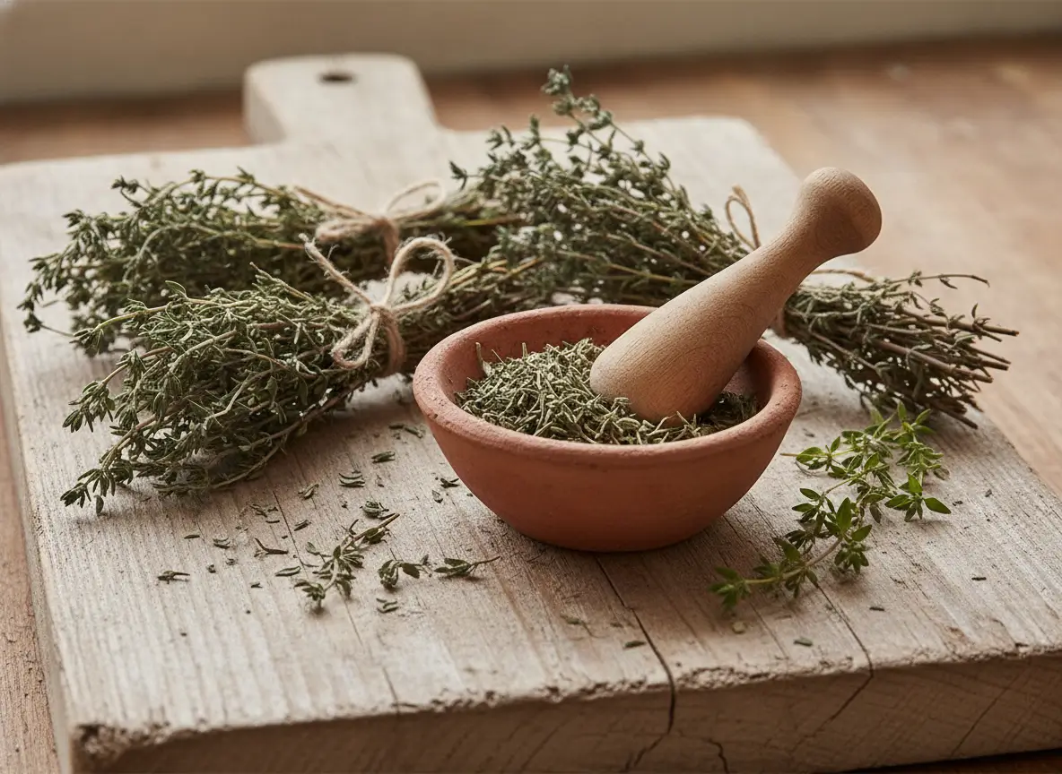 Timijan (Thymus vulgaris): kako ga prepoznati, razlika od majčine dušice, čaj i doziranje 4 Osušene grančice timijana i mrvljeni timijan kao začin na drvenoj dasci
